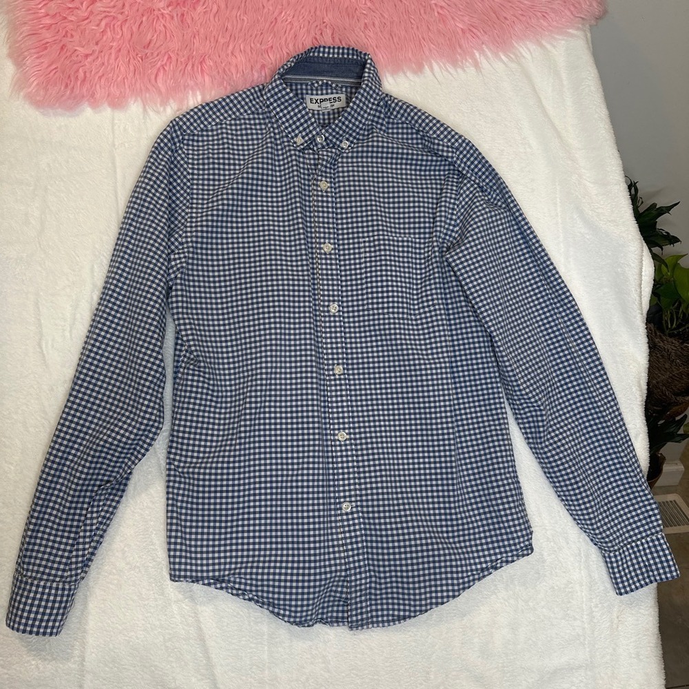 Express Soft Wash Mens Small Blue White Gingham Check Button Down Shirt 100183